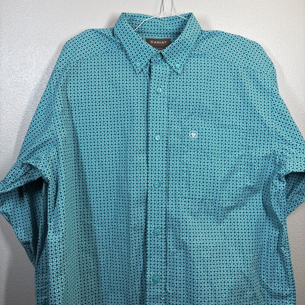 Ariat Mens Large Long Sleeve Button Down Shirt Teal Blue Geometric Print Fitted - Picture 4 of 11